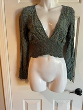 NEW Urban Outfitters Boho Smocked Elastic V-Neck Blouse in Green Combo Top
