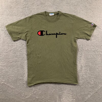 Champion Vintage Spellout Olive Green Large Short Sleeve T Shirt
