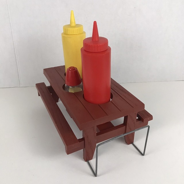 Vintage Gemco Picnic Condiment Holder Plastic Wood Table Salt Pepper
