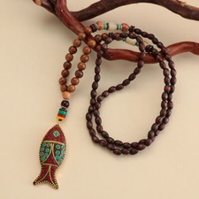 Collana Lunga Perline Legno Pendente PESCE Vintage Etnica Tribale Idea Regalo