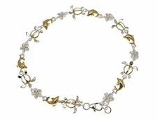 YELLOW GOLD PLATED 2T SILVER 925 HAWAIIAN PLUMERIA TURTLE DOLPHIN ANKLET 9"