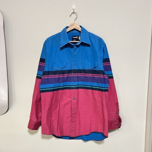 Vintage Wrangler Brushpopper blau rosa Western Knopfleiste Cowboy Hemd Gr. 16 x 34