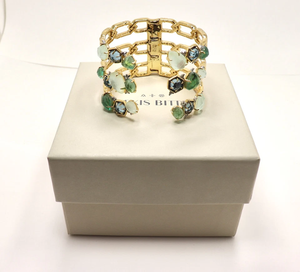 PULSERA BRAZALETE BISAGRA RACIMO VERDE Y AZUL CHAPADA EN ORO ALEXIS BITTAR EN CAJA