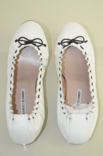 Nuovo Manolo Blahnik Tefamod Marrone Bianco Fiocco Stretch Ballerine Scarpe 40.5 - Foto 2 di 7