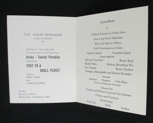 1960 Furness Bermuda Line T.S.S. Ocean Monarch Cruise Ship Luncheon Menu - Picture 2 of 3