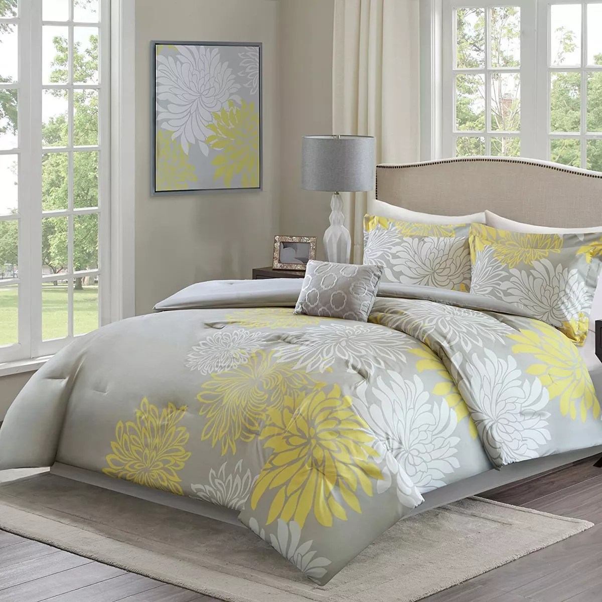 Yellow Gray Grey White Large Flower Floral 5 pc Comforter Set Queen King Bedding