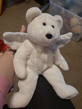 Herald White Ty Angel Bear with Wings and White Ribbon Plush Beanie Buddies 2003