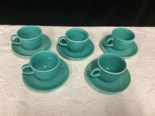 Set Of 5 Fiestaware Homer Laughlin Turquoise Cups & Saucers