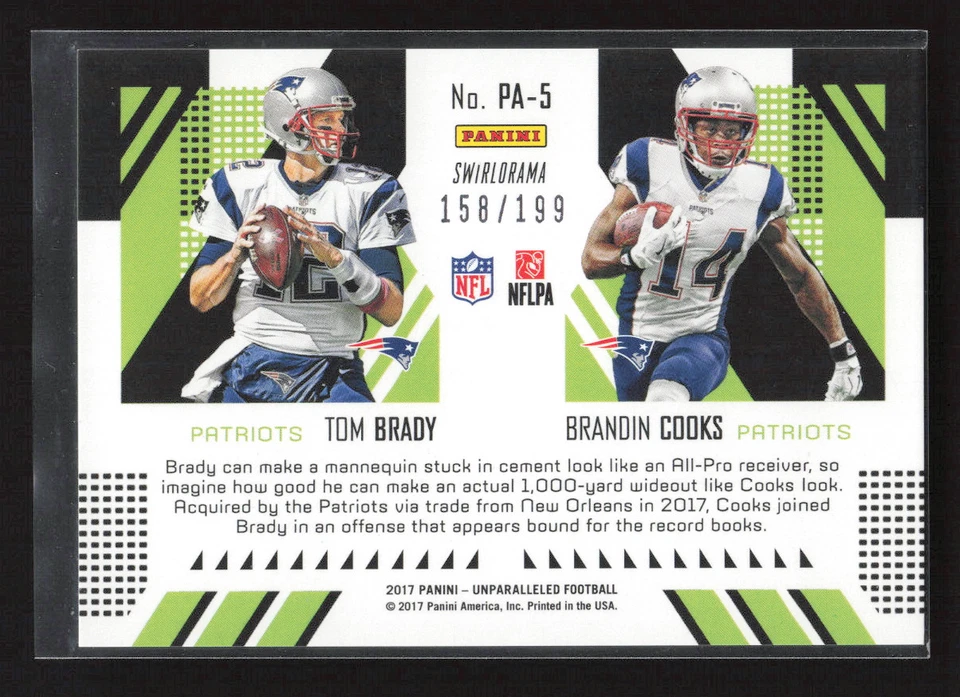2017 Unparalleled #PA-5 Brandin Cooks Tom Brady Perfect Pairs Lime Green #/199 - Image 2 of 2