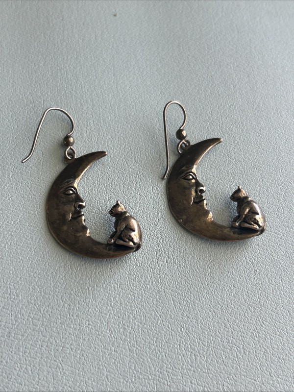 DB Signed Antique Bronze Cat On The Moon Earrings