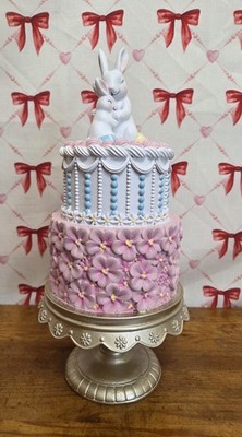 Easter Tiered Cake on Gold Pedestal With Bunnies, Eggs & Pink Flowers 15 In New