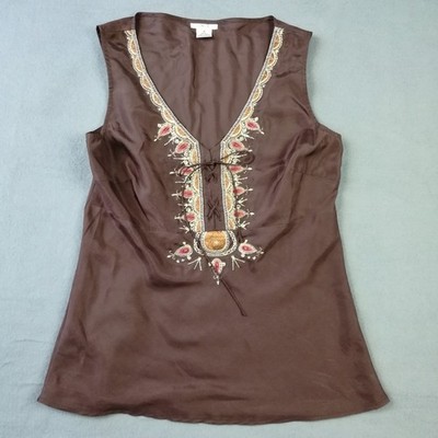 Vtg Cache Womens Sleeveless Blouse 100% Silk Brown Embroidered Lace Trim M
