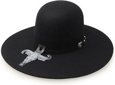 Texana Original Cuernos Chuecos 6X Sombrero de Fieltro de Vaquero Estilo Corona Abierta - Negro