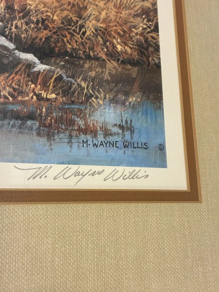 Pintura con impresión artística firmada a mano "Brush Creek Covey" de M. Wayne Willis, enmarcada como nueva Foto 4 de 4