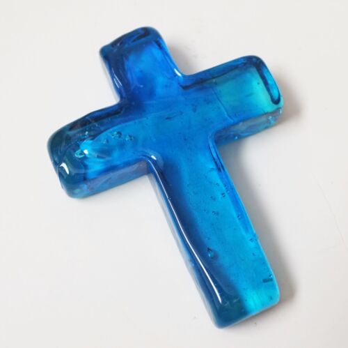 Vintage Hand blown blue art glass cross, paperweight - Afbeelding 1 van 4