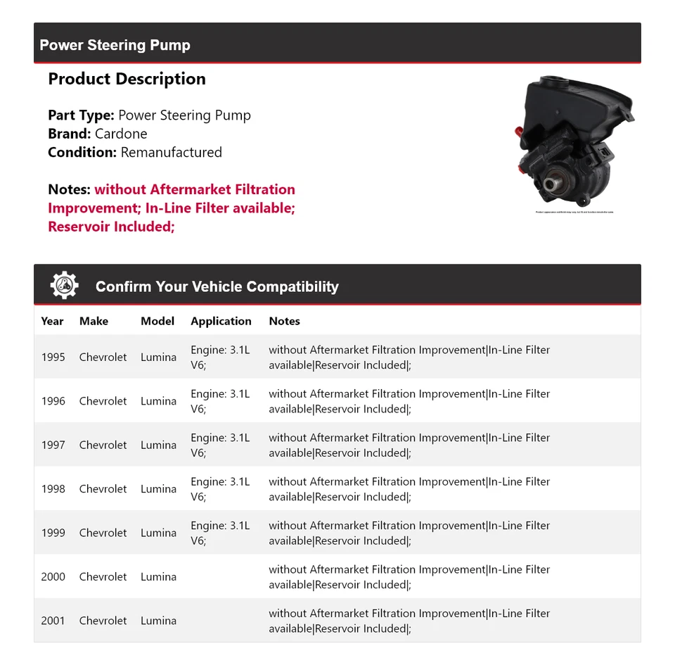 Bomba de dirección asistida Cardone 1996 1997 1998 1999 para Chevrolet Lumina 1995-2001 Foto 2 de 4