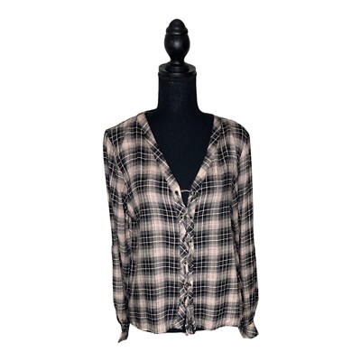American Rag Cie NWT S Junior Pink Black Plaid Long Sleeve V-neck Shirt M025