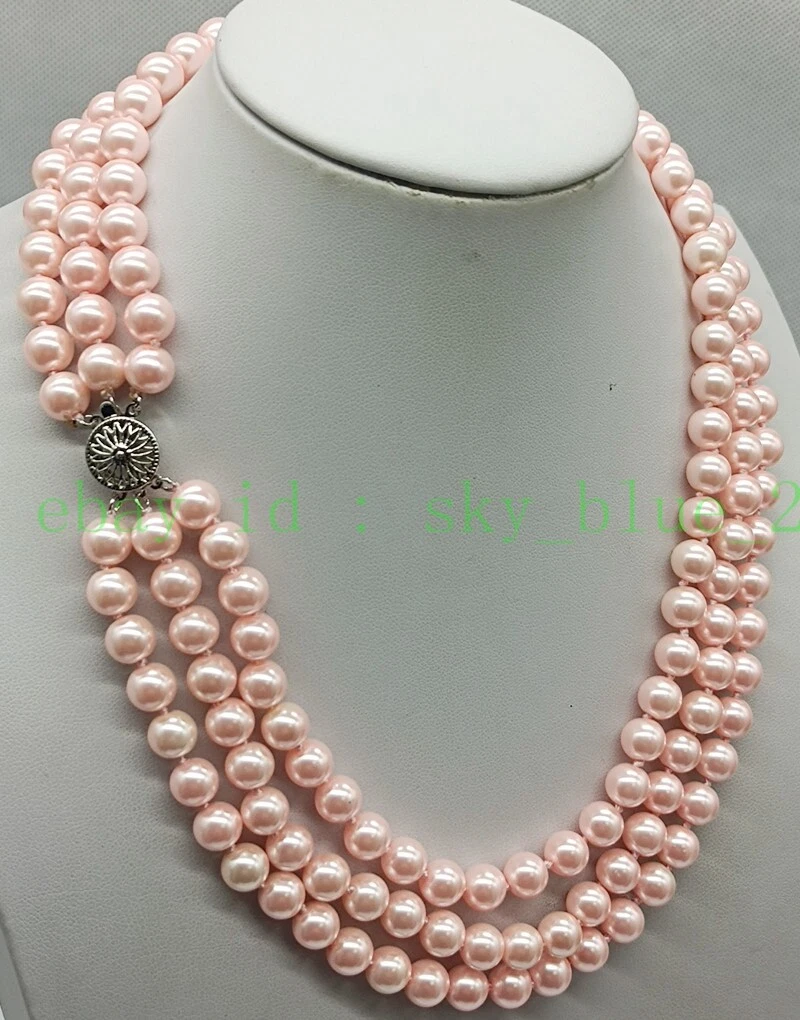 3 Row Delicate 8mm Pink Green Round Shell Pearl Necklace 17 19