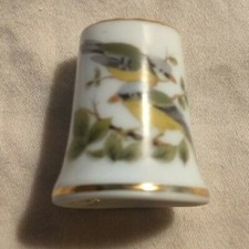 Vintage Ceramic Handpainted Birds White & Gold Collectible Sewing Thimble