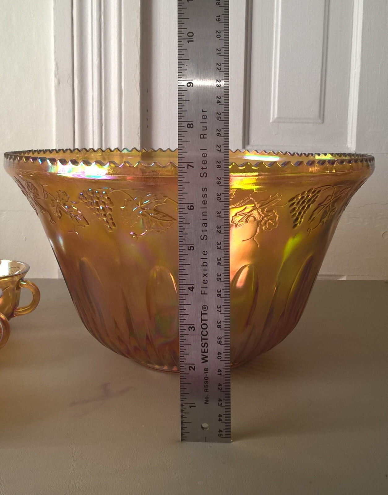 Indiana Carnival Glass Punch Bowl 12 Cups Set Grape Leaf Iridescent Gold Vintage