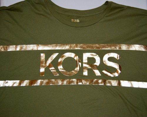 NWT Michael Kors Women's Olive Green Cropped Boxy Gold Bar Logo SS T-Shirt sz XL - Picture 3 of 9