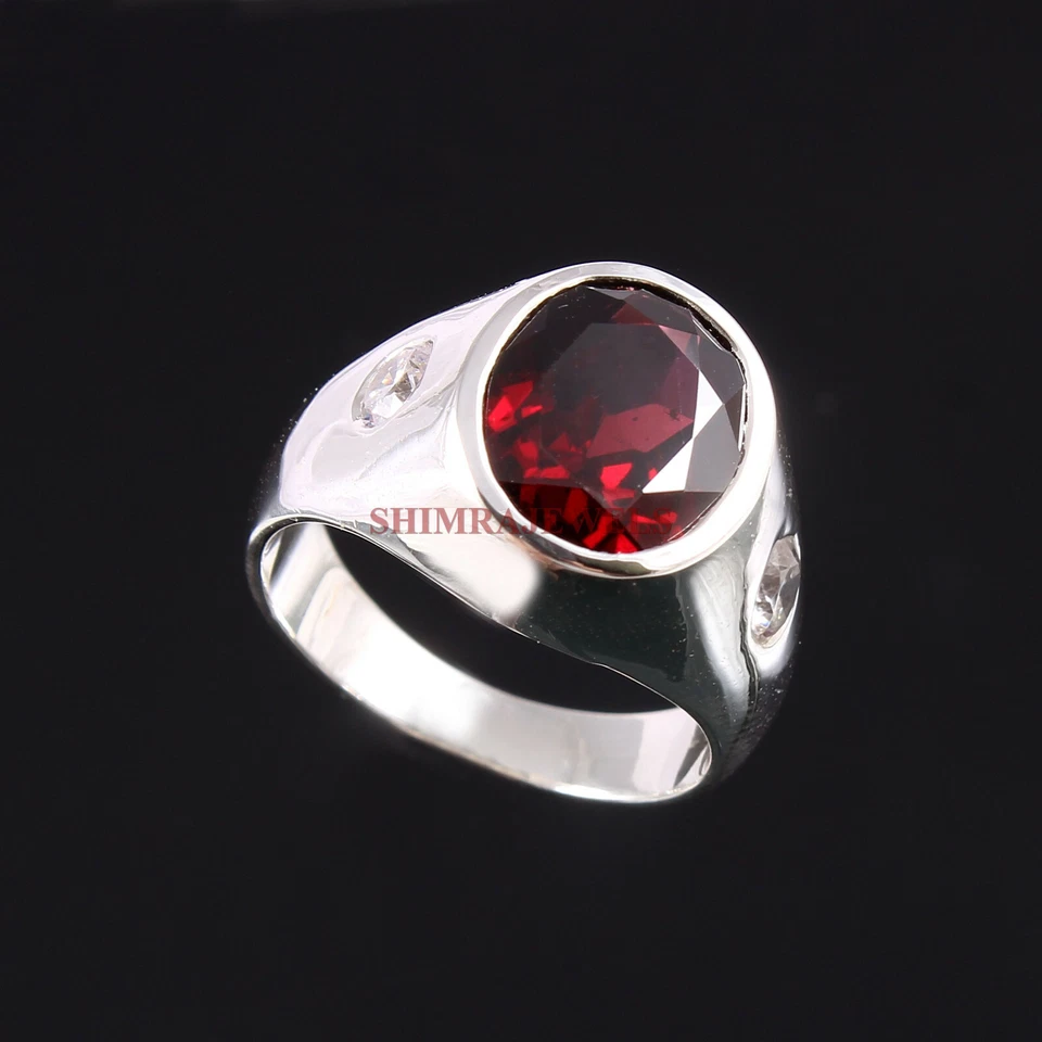 Anello In Argento Sterling 925 Con Gemma Di Granato Naturale Per Uomo #174 - Immagine 3 di 3