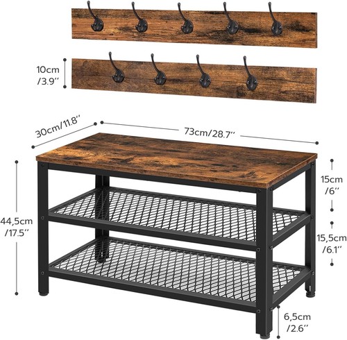 Stylish Shoe Rack Organizer with Coat Hooks - Rustic Brown & Black Hall Tree - Picture 6 of 9