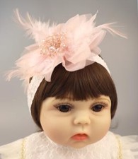 Baby Girls Lace Feather Headband Beads Gauze Flower Elastic Toddler Pink