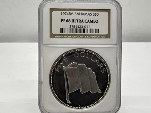 1974 Bahamas 5 Dollar Silver Proof Coin PF 68 UC NGC