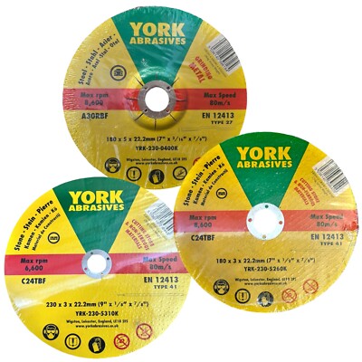 YORK SCHLEIFMITTEL STAHL METALL STEIN SCHNEIDEN TRENNSCHEIBEN 180 MM 230 MM NEU