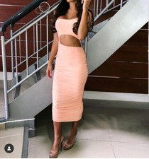 Pretty Little Thing Slinky Midi Party Evening Dress Peach Size 10 Worn Once