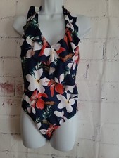 Multicolor Floral One Piece Swimsuit Surplice Ruffle Front Halter Medium Padded