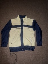 Vintage Nike Windbreaker Jacket XL Cream Navy Blue Spell Out Logo Button Up 90s