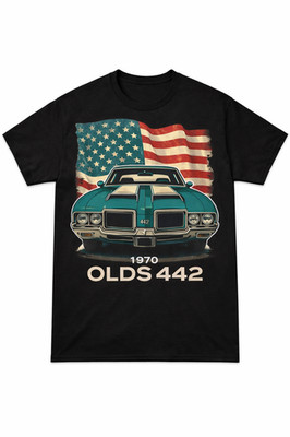 1970 Olds 442 Muscle Car USA Flag Vintage Style Unisex Graphic Tee