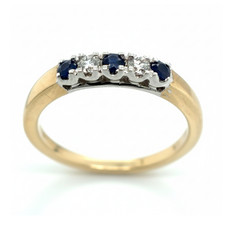 9ct Yellow & White Gold Sapphire & Diamond 5 Stone Ring Size N Pre-Owned