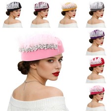 Women Church Tea Party Derby Cap Bonnet Rhinestone Feather Fancy Soft Beret Hat