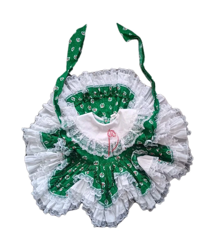 Винтажный крышка l Dolly's платье девочек 1T полный круг зеленый красный Рождество оборки кружева - Изображение 2 из 4