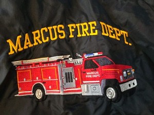 Marcus Fire Dept Bomber Jacket Embroidered Satin  USA Size *2XL Vintage 90s