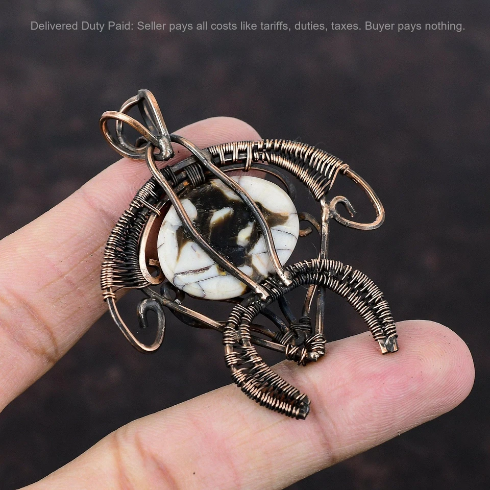 Joyería colgante de tortuga envuelta en alambre hecho a mano piedra de jaspe de madera de cacahuete de cobre Foto 4 de 4