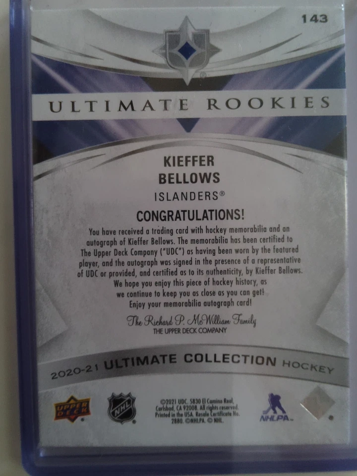 2021 UD #143 KIEFFER BELLOWS ULTIMATE ROOKIES AUTO PATCH 5/99 3 COLOR - Image 2 of 2
