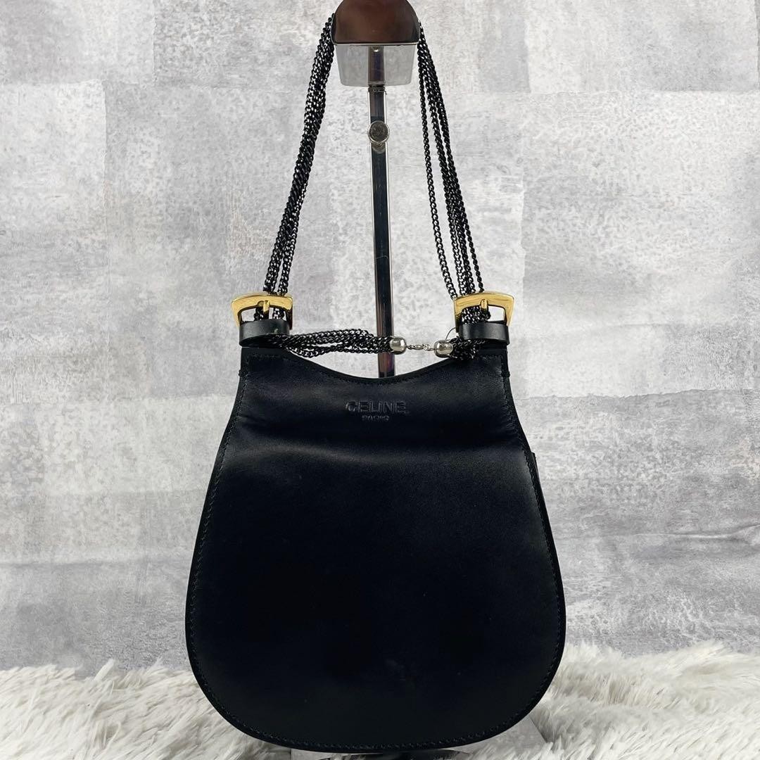 Celine Leather Shoulder Bag with Embossed Logo & Chain Strap  