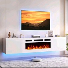70" Floating Fireplace TV Stand with 36" Fireplace Modern White Wall Mounted