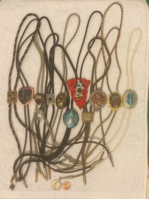 Vintage Lot of 12 Metal Bolo Ties, Nice Designs, Bronco Busting, American Flag,