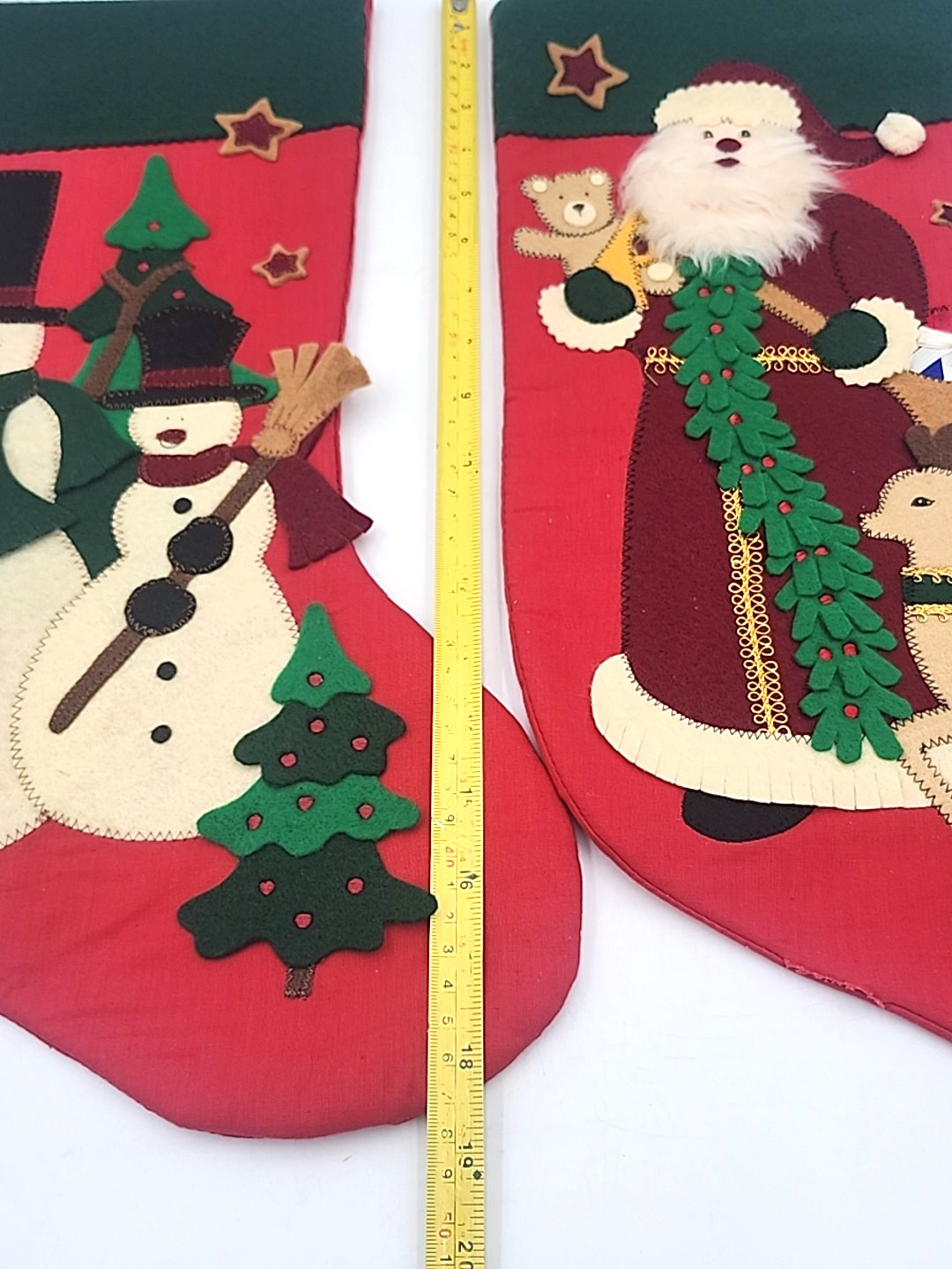 2 Felt Applique Christmas Stockings Santa W Reindeer & Snowman Primitive Style