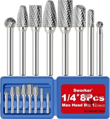 8Pcs Carbide Burr Set 1/4 Shank w/Blue Flat Box Max Head Dia 12mm Die Blue Case