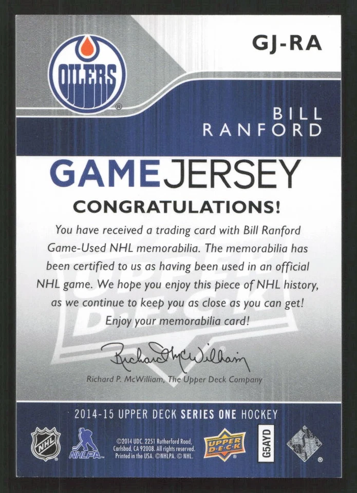 2014-15 Upper Deck Bill Ranford Game Jerseys MEM #GJ-RA Relic Card - Image 2 of 2