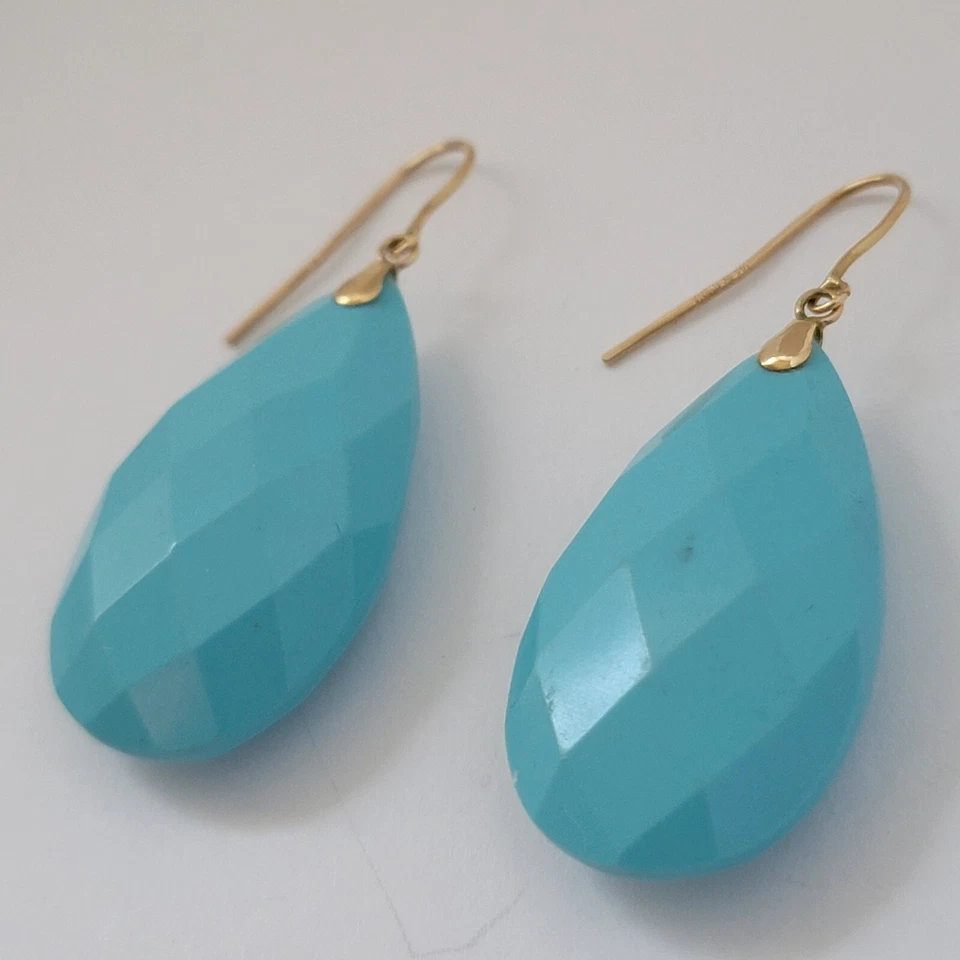 14k Yellow Gold Blue Turquoise Color Acrylic Drop Dangle Earrings - Image 4 of 4