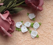 50-PCS White Satin Roses with Green Leaves Mini Ribbon Flower Appliques