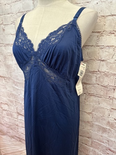 Shadowline Vintage Full Slip Size 36 Navy Blue Nylon Satin Lustre Lace Trim NOS - Picture 4 of 11