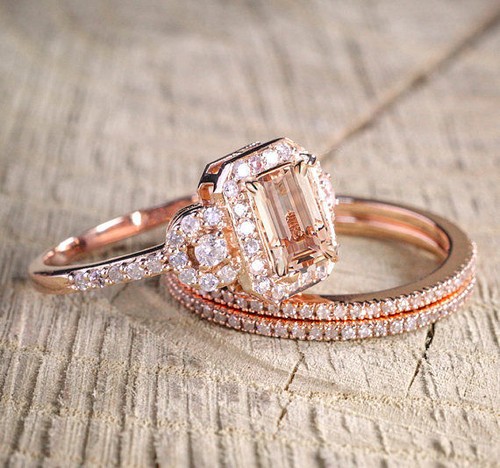 Bridal Ring Set 3.60Ct Emerald Cut Created Halo Morganite 14K Rose Gold Finish - Picture 3 of 3